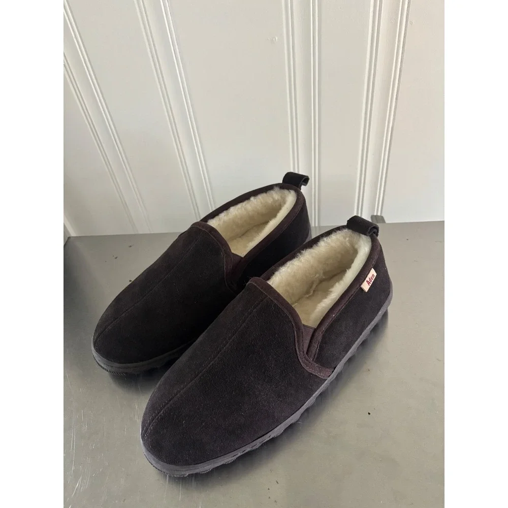 Aden Mens Suede Slippers Dark Brown Lambskin Lined House Shoes Size 10